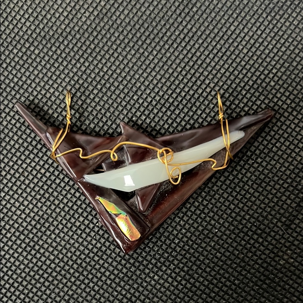 Artistic Brown, Gold and White Fused Glass Pendant with Gold Wire